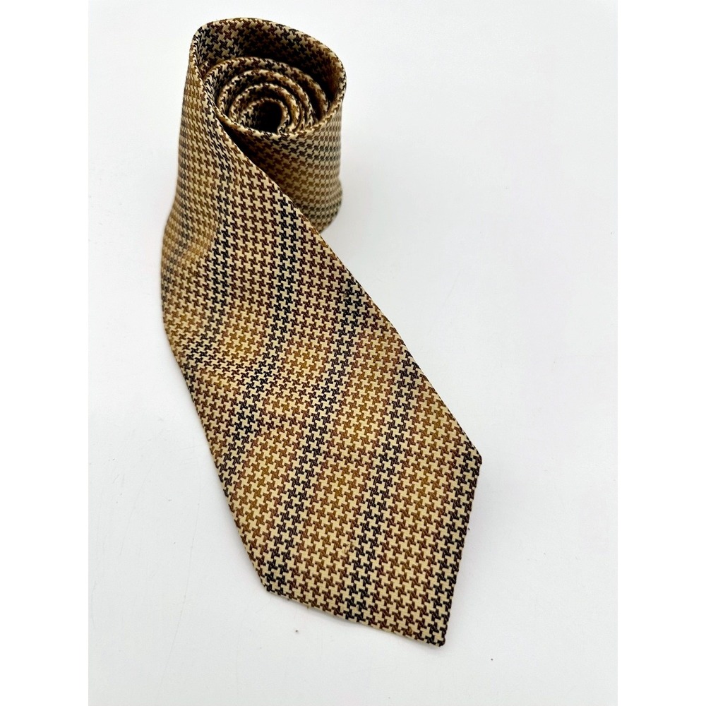 Alfani Tie Mens Silk Houndstooth Check Pattern Brown Tan 3.75 Inch Wide